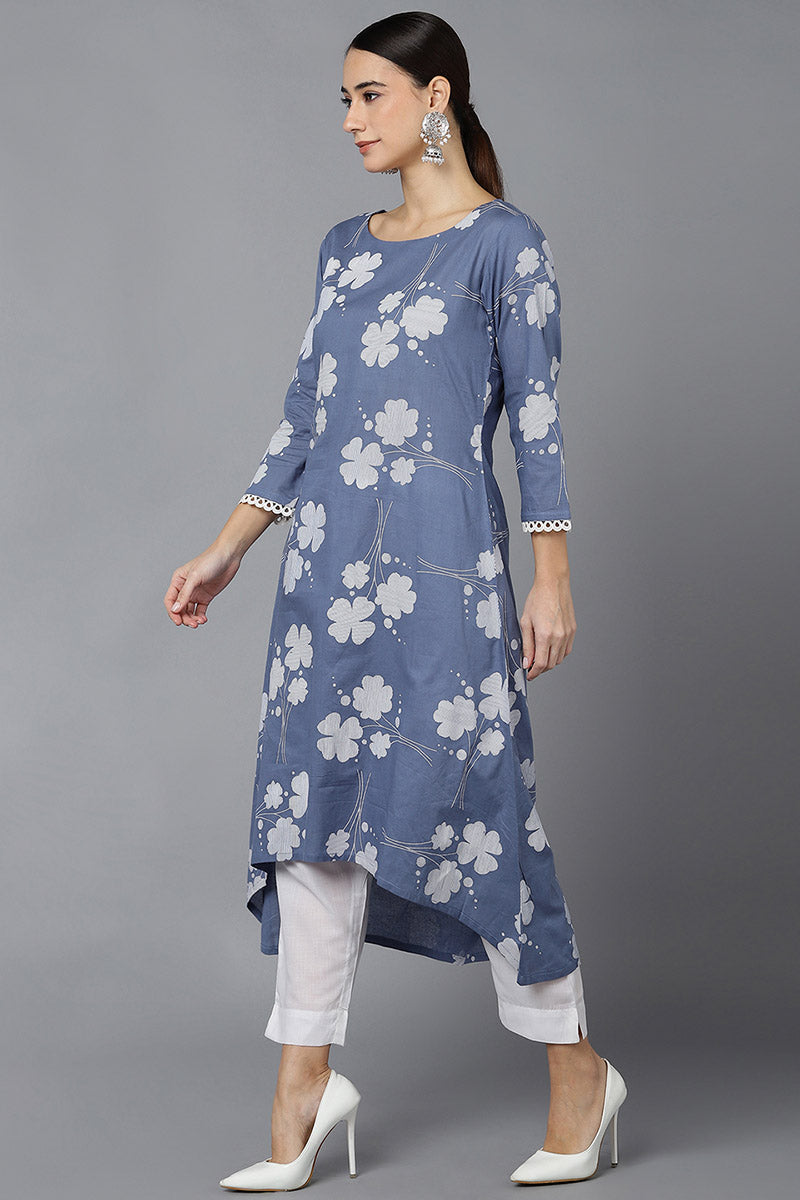  Women Blue Cotton Floral Printed Kurtas