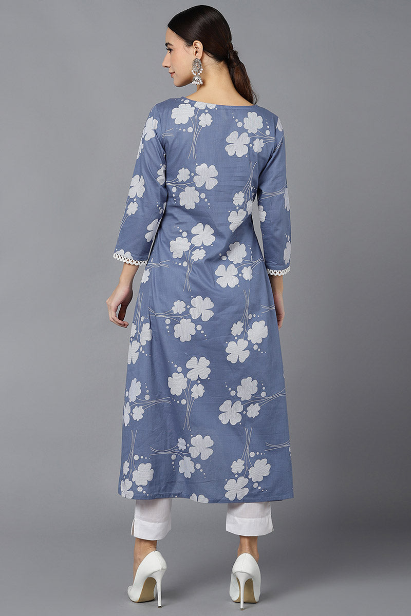  Women Blue Cotton Floral Printed Kurtas