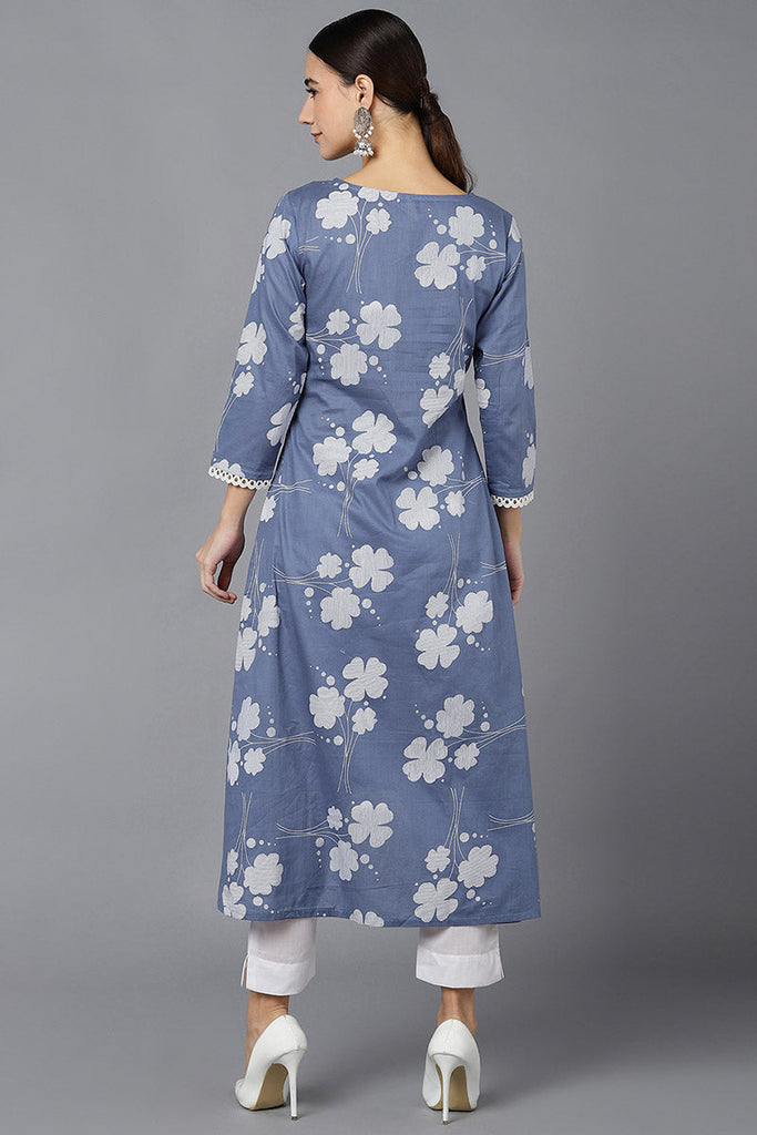  Women Blue Cotton Floral Printed Kurtas