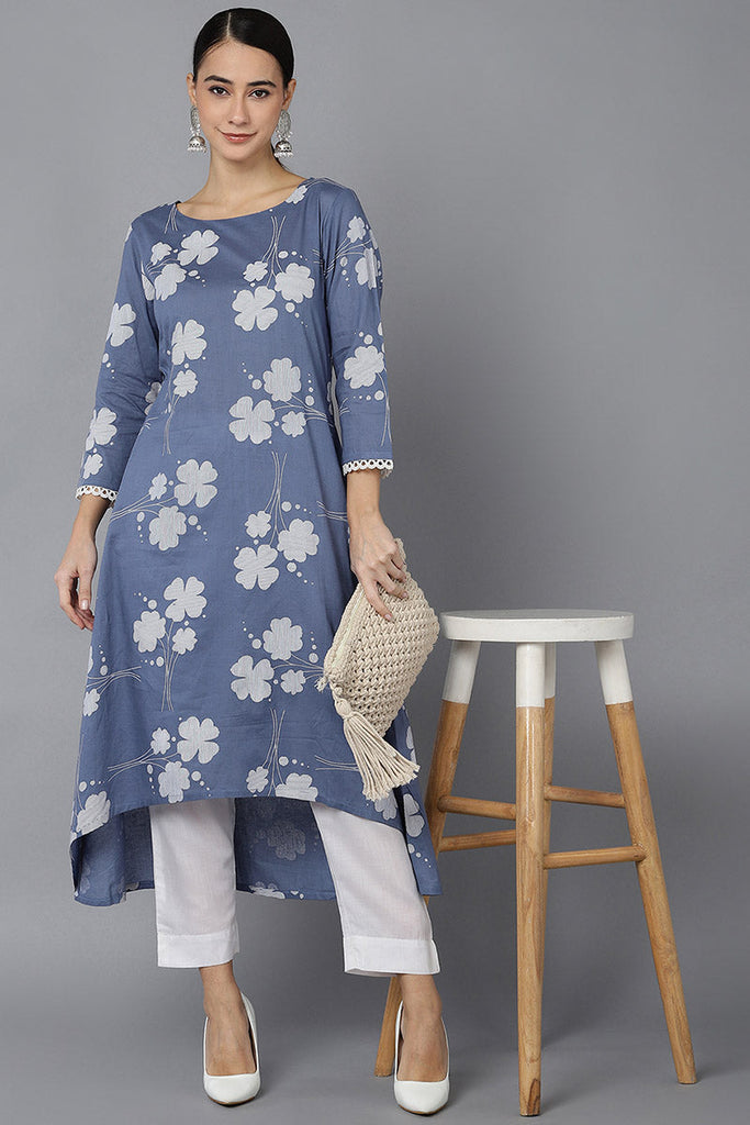  Women Blue Cotton Floral Printed Kurtas