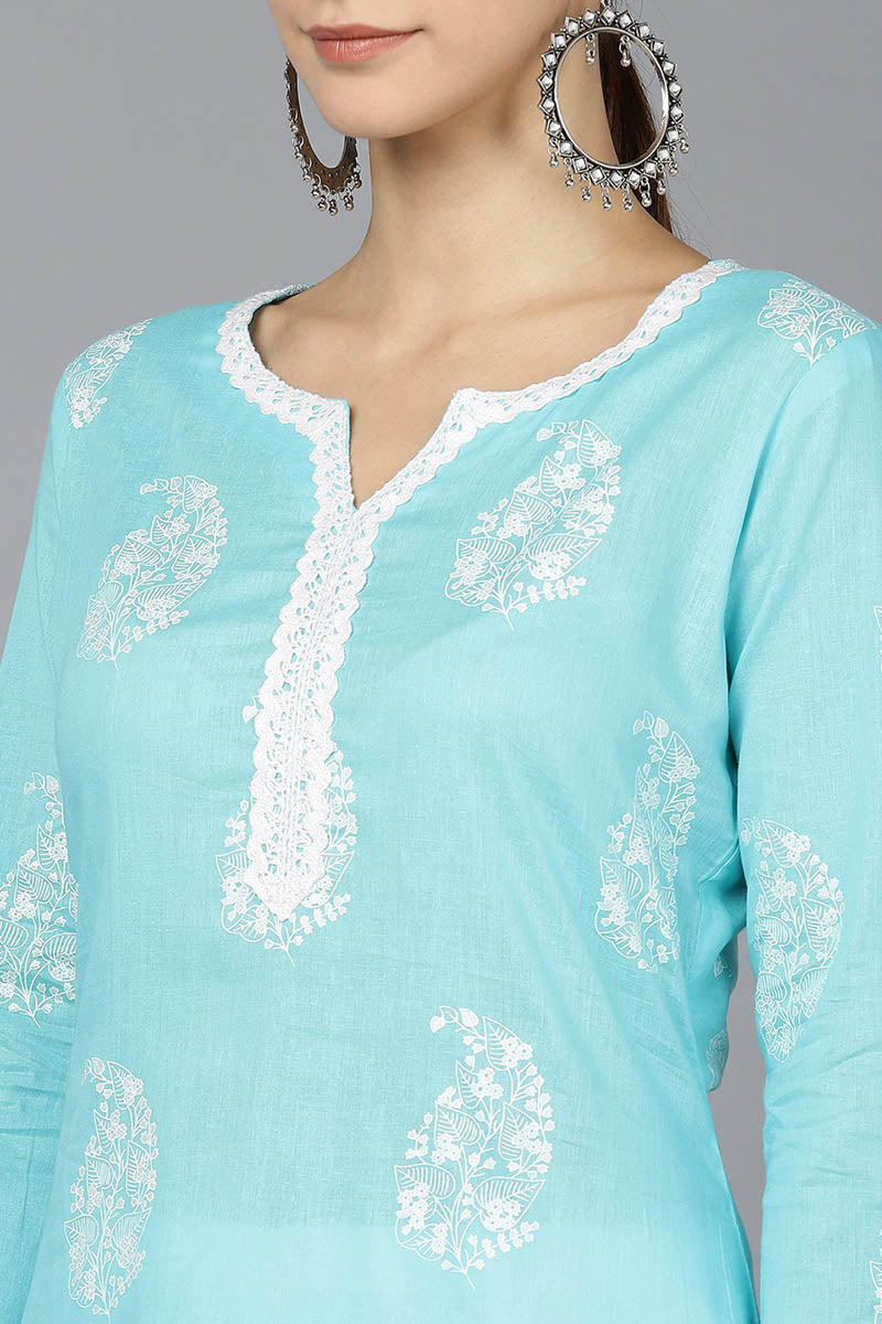  Women Blue Cotton Paisley Printed Kurtas