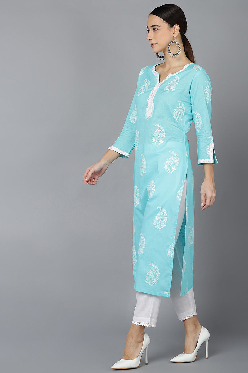  Women Blue Cotton Paisley Printed Kurtas