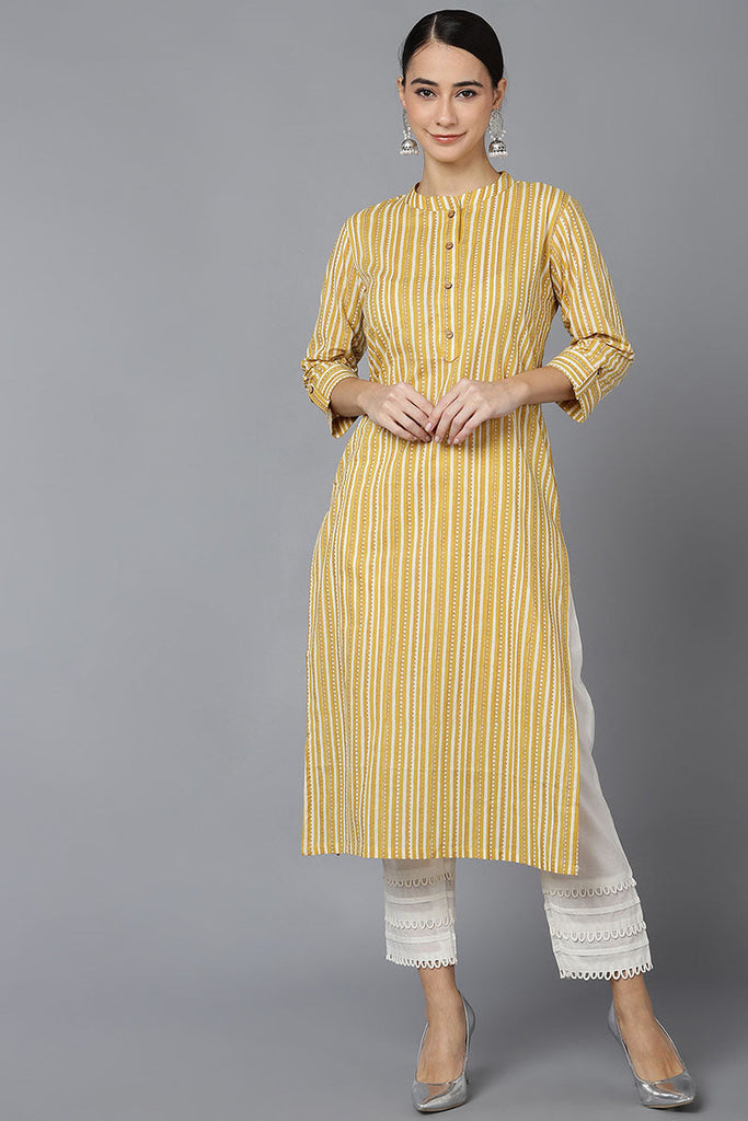  Women Mustard Cotton Striped Printed Kurtas