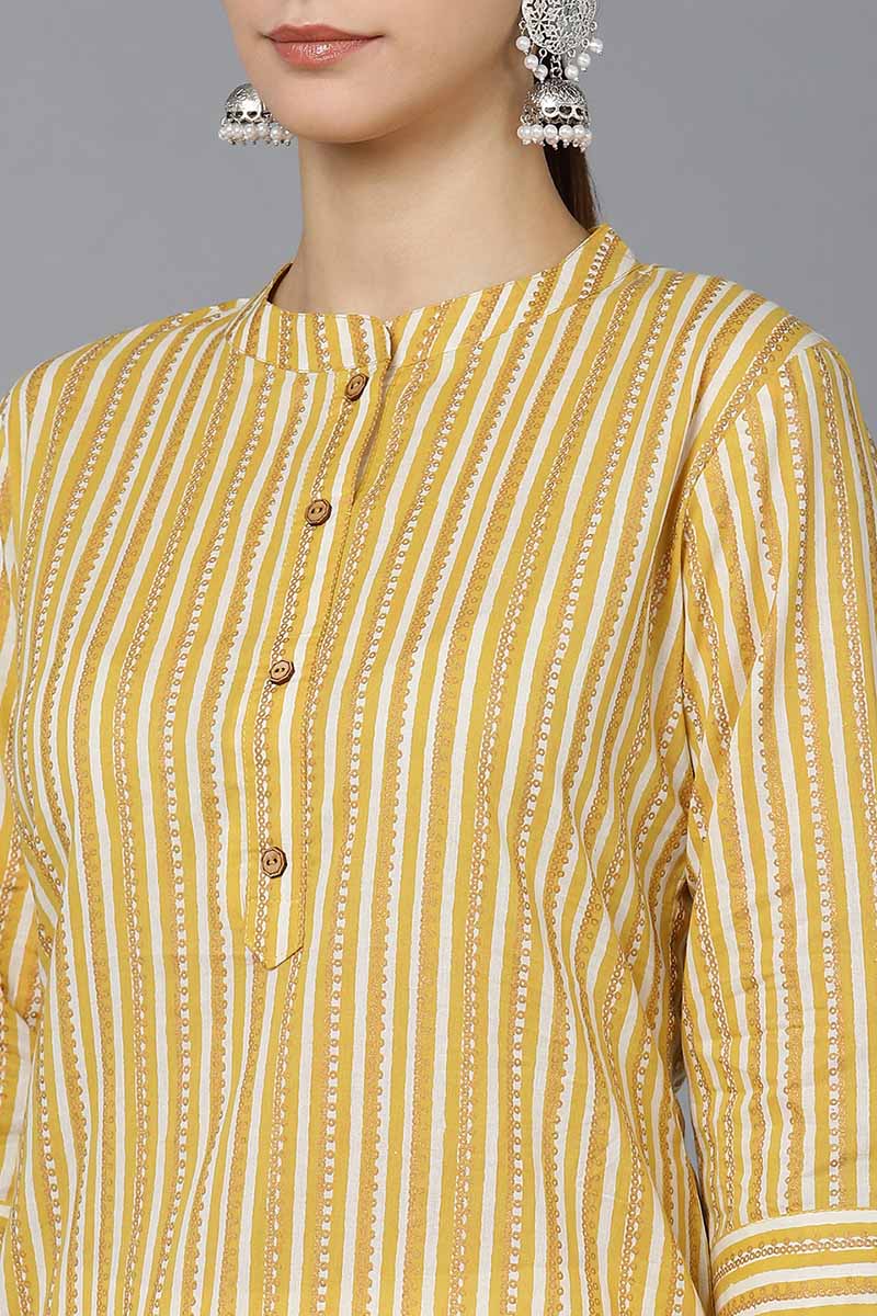  Women Mustard Cotton Striped Printed Kurtas