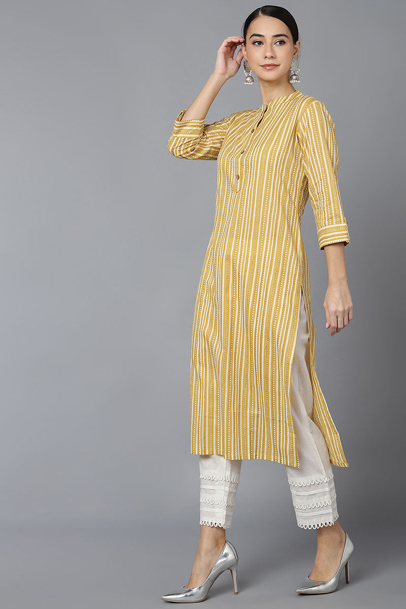  Women Mustard Cotton Striped Printed Kurtas