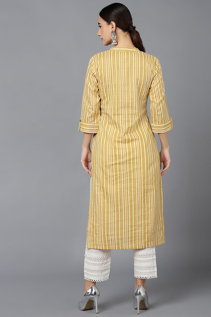  Women Mustard Cotton Striped Printed Kurtas