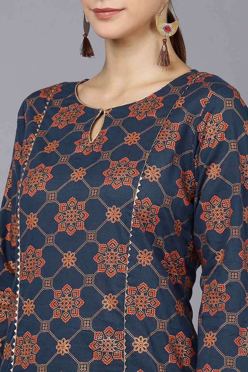  Women Navy Blue Cotton Ethnic Motifs Printed Kurtas