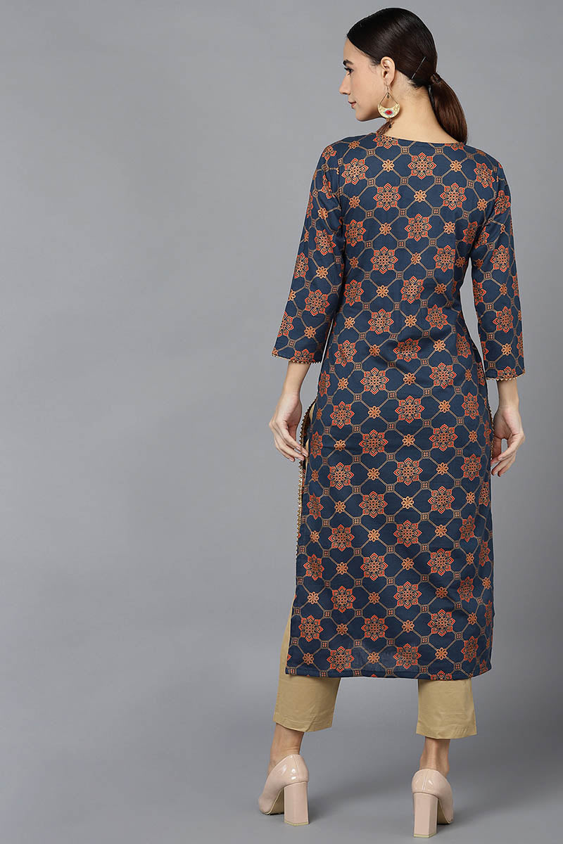  Women Navy Blue Cotton Ethnic Motifs Printed Kurtas