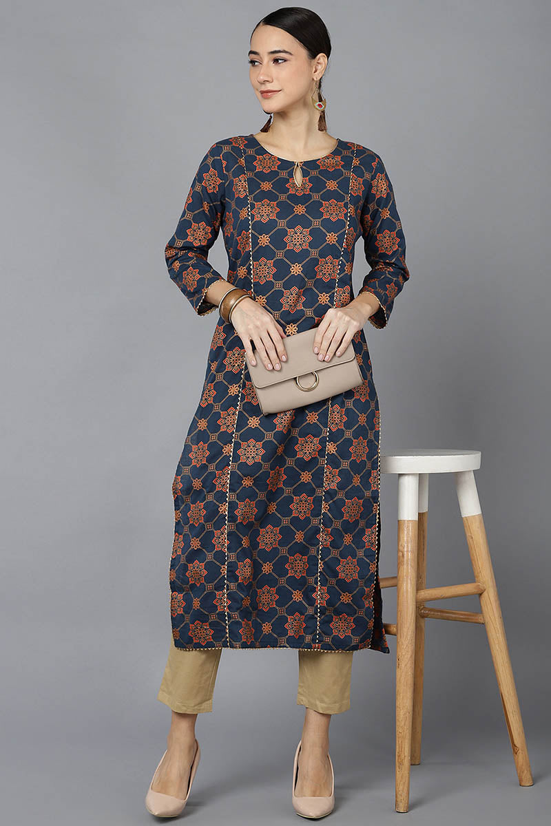  Women Navy Blue Cotton Ethnic Motifs Printed Kurtas