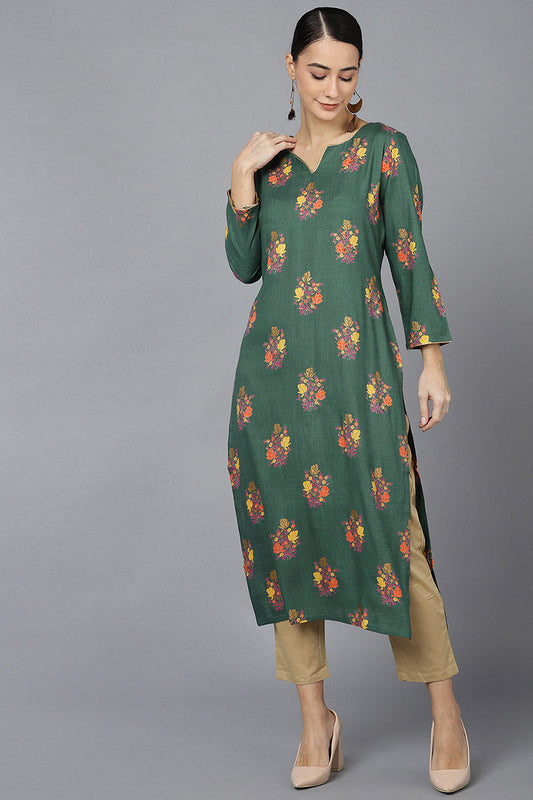  Women Green Cotton Floral Printed Kurtas