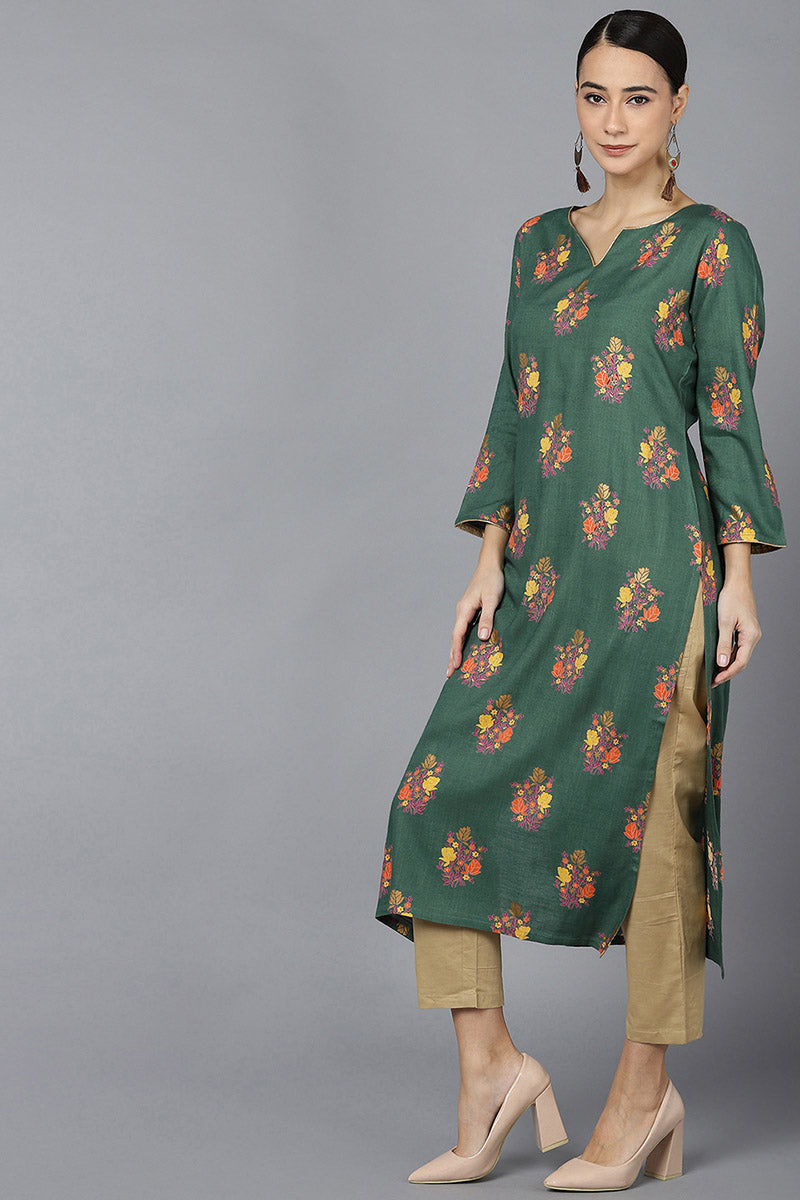  Women Green Cotton Floral Printed Kurtas