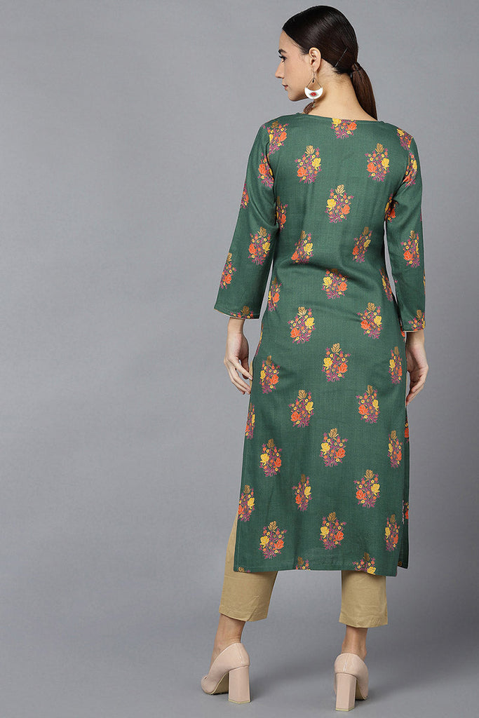  Women Green Cotton Floral Printed Kurtas