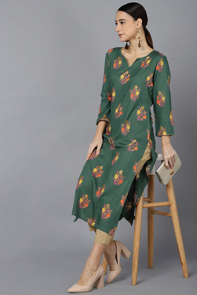  Women Green Cotton Floral Printed Kurtas