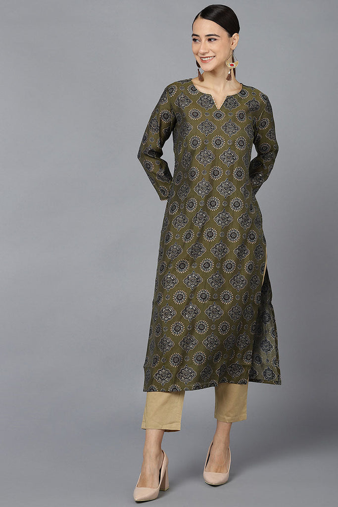  Women Olive Silk Ethnic Motifs Printed Kurtas