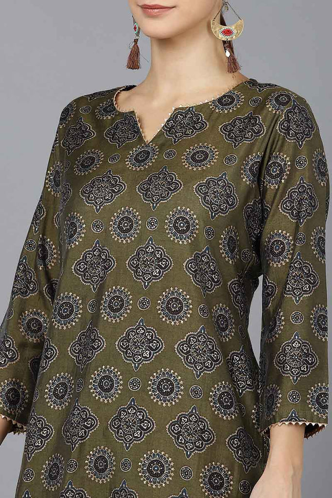  Women Olive Silk Ethnic Motifs Printed Kurtas