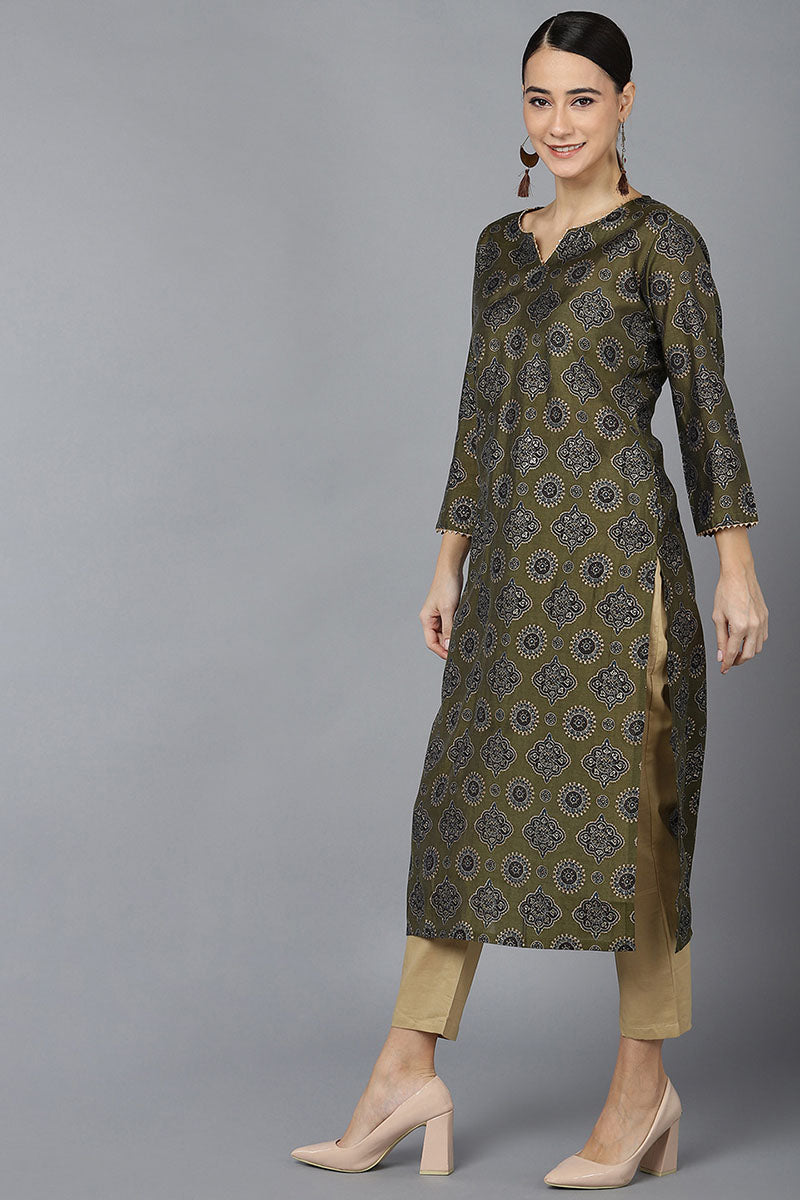  Women Olive Silk Ethnic Motifs Printed Kurtas