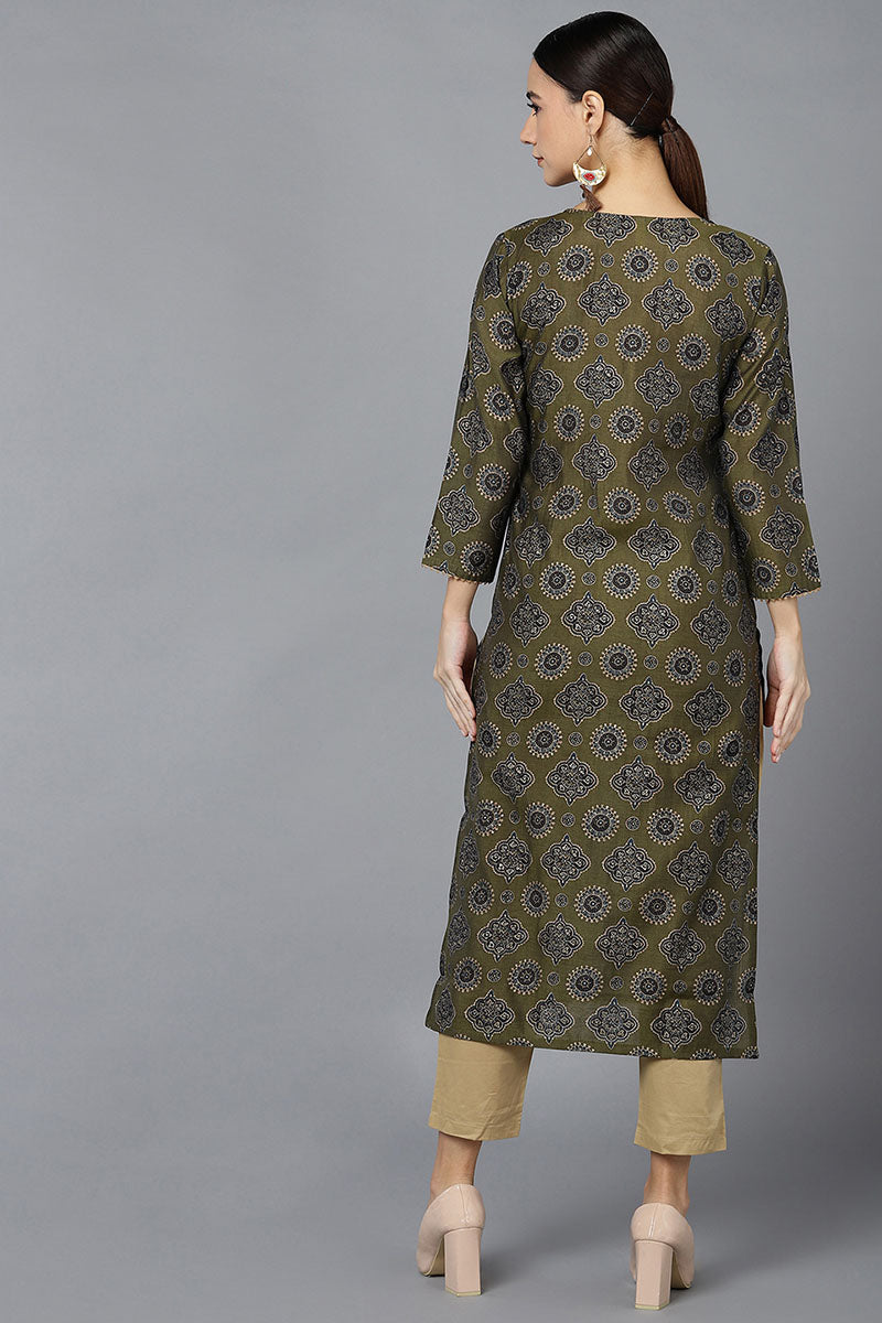  Women Olive Silk Ethnic Motifs Printed Kurtas