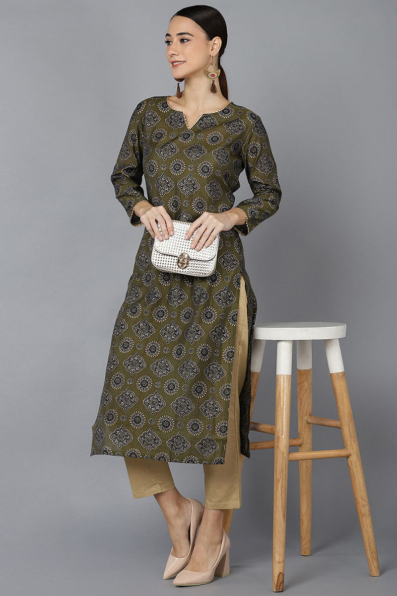  Women Olive Silk Ethnic Motifs Printed Kurtas