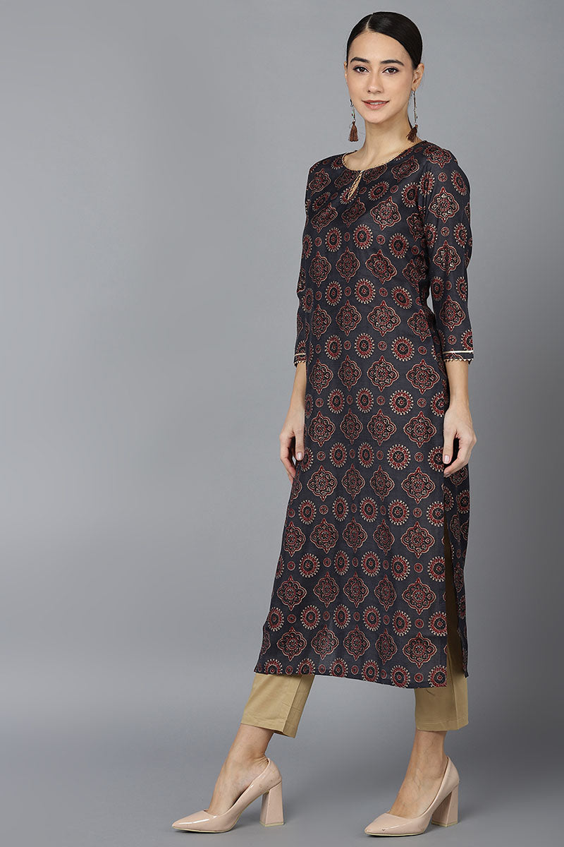  Women Black Silk Ethnic Motifs Printed Kurtas