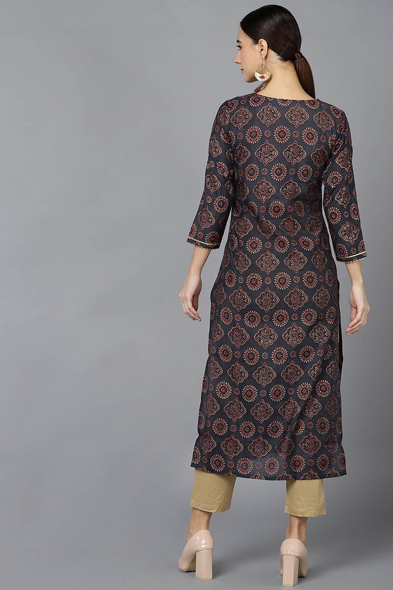  Women Black Silk Ethnic Motifs Printed Kurtas