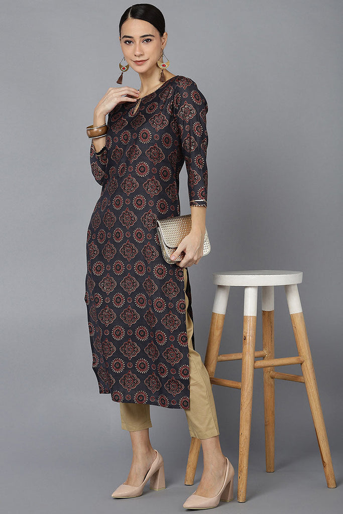  Women Black Silk Ethnic Motifs Printed Kurtas