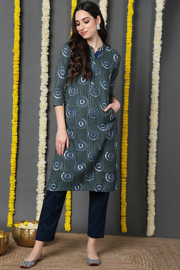 Green Cotton Straight Kurta VCK8694