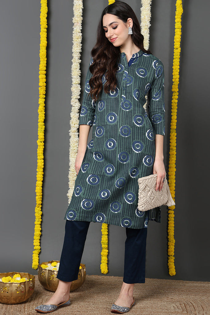 Green Cotton Straight Kurta VCK8694