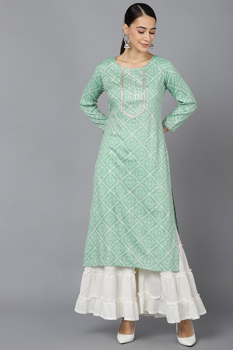  Women Sea Green Cotton Geometric Printed Kurtas