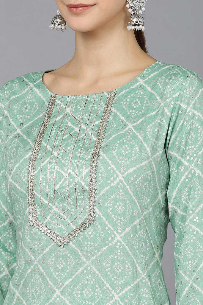  Women Sea Green Cotton Geometric Printed Kurtas