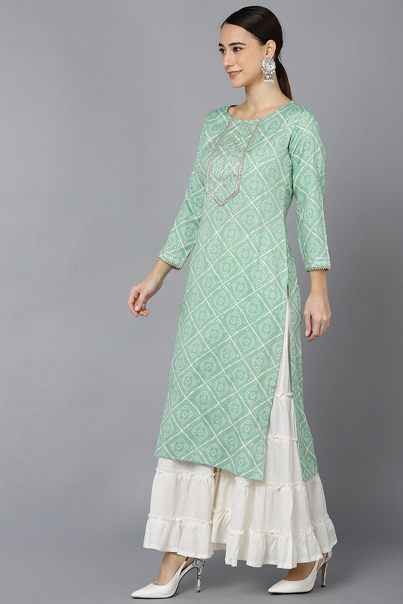  Women Sea Green Cotton Geometric Printed Kurtas