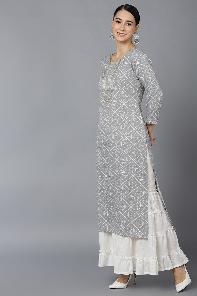  Women Grey Cotton Geometric Printed Kurtas 