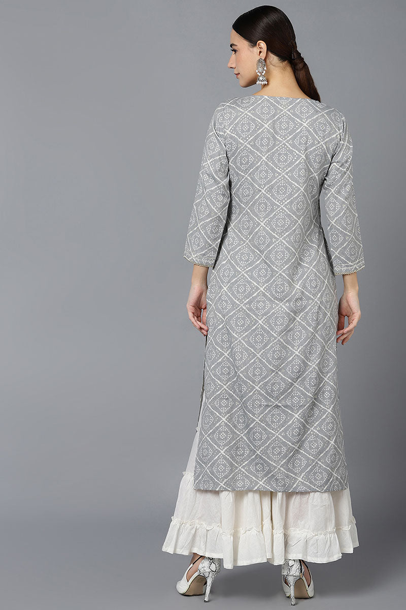  Women Grey Cotton Geometric Printed Kurtas 