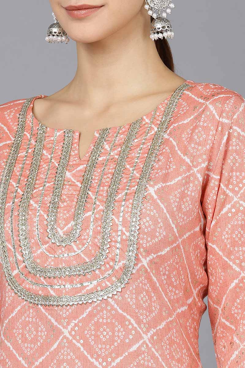  Women Peach Cotton Geometric Printed Kurtas