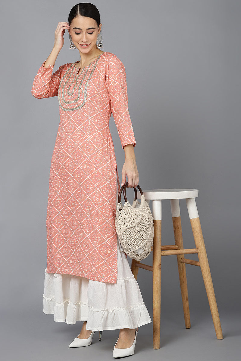  Women Peach Cotton Geometric Printed Kurtas