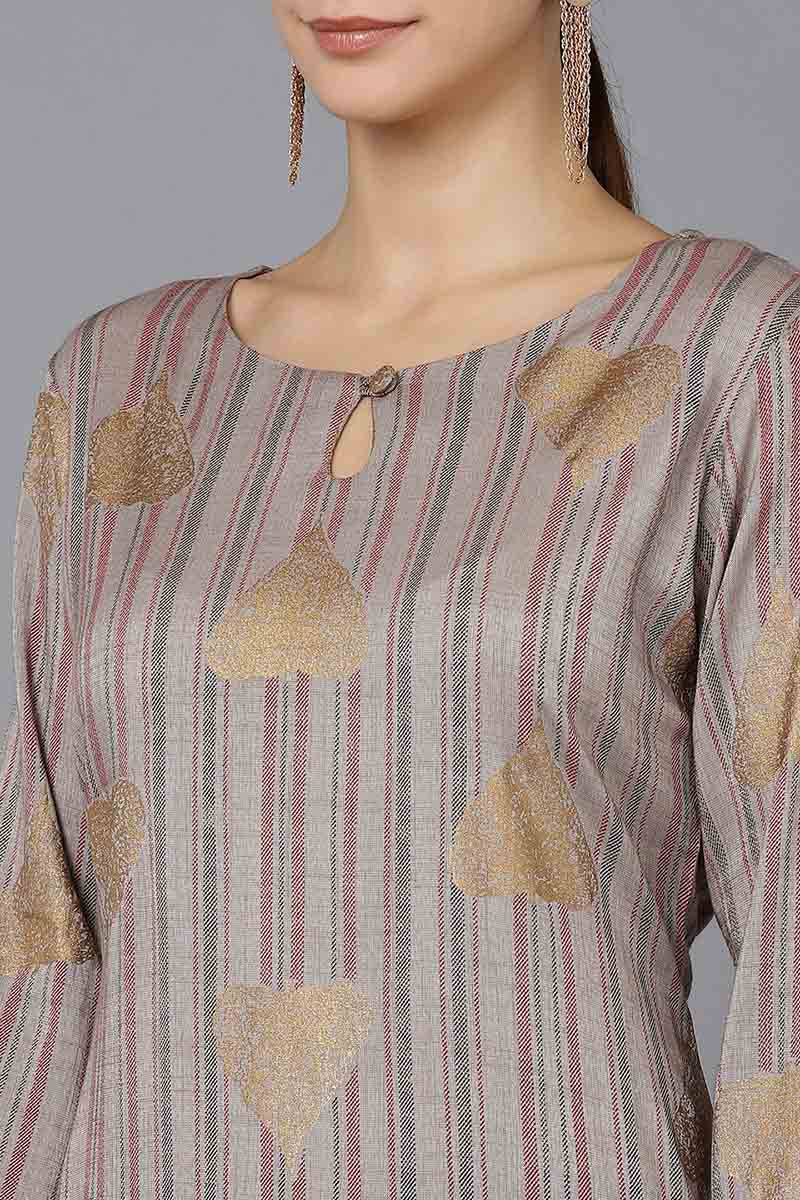  Women Grey Cotton Striped Printed Kurtas