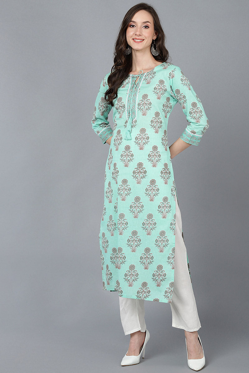  Women Sea Green Cotton Ethnic Motifs Printed Kurtas 