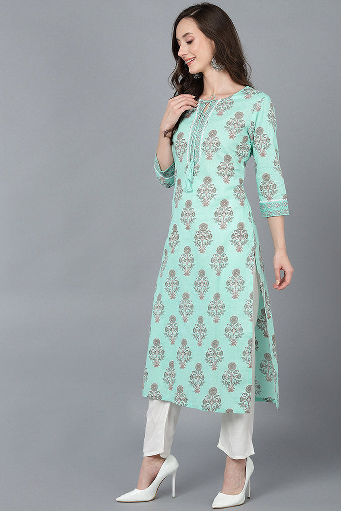  Women Sea Green Cotton Ethnic Motifs Printed Kurtas 