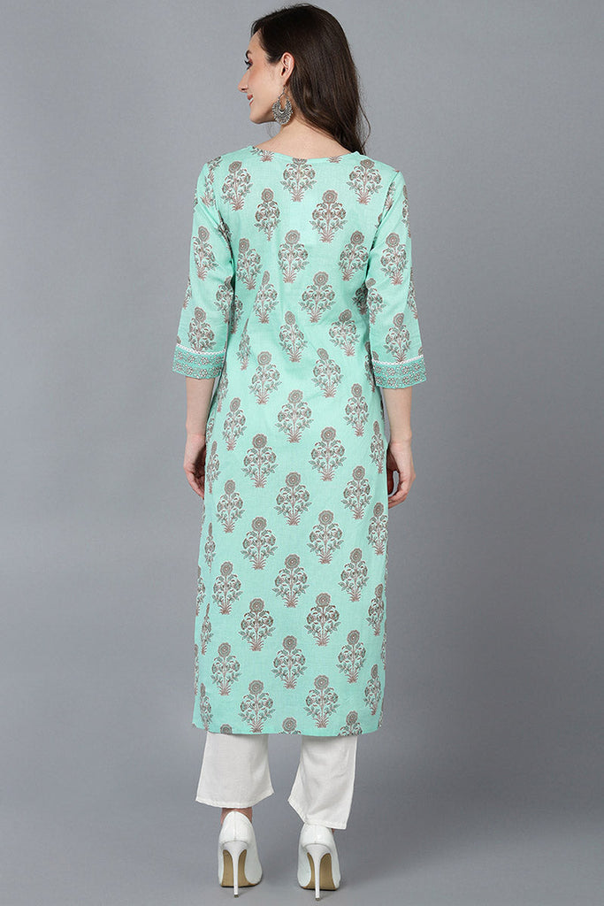  Women Sea Green Cotton Ethnic Motifs Printed Kurtas 