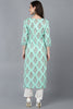  Women Sea Green Cotton Ethnic Motifs Printed Kurtas 