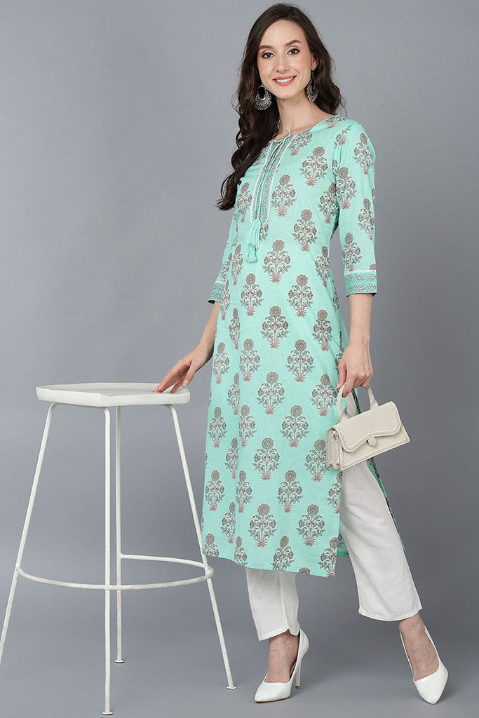  Women Sea Green Cotton Ethnic Motifs Printed Kurtas 