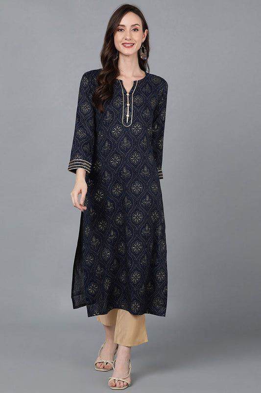 Navy Blue Silk Blend Straight Kurtas VCK8740