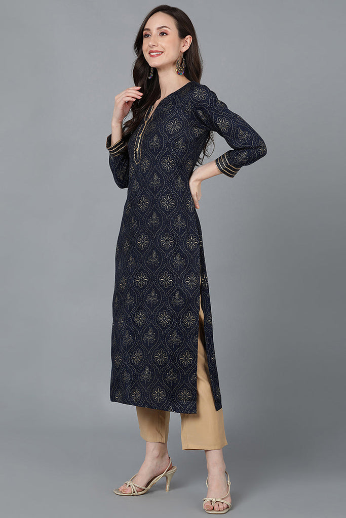 Navy Blue Silk Blend Straight Kurtas VCK8740