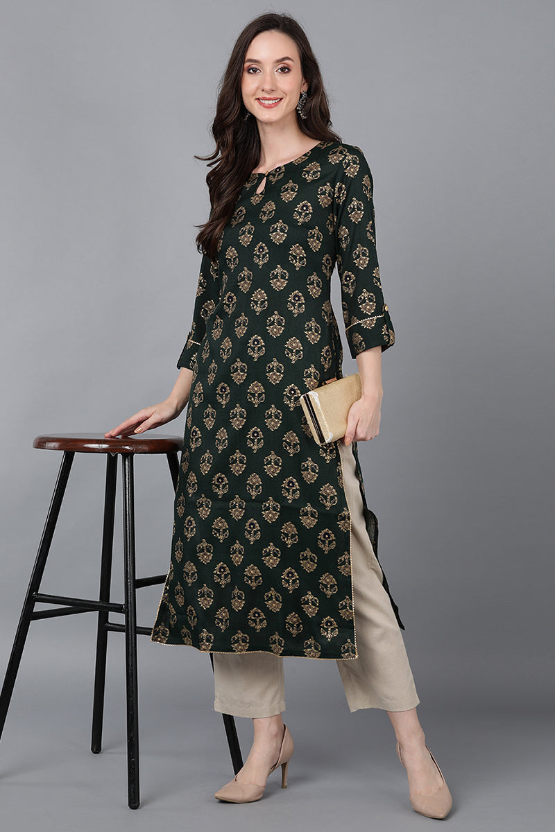 Green Cotton Ethnic Motifs Straight Kurta VCK8748