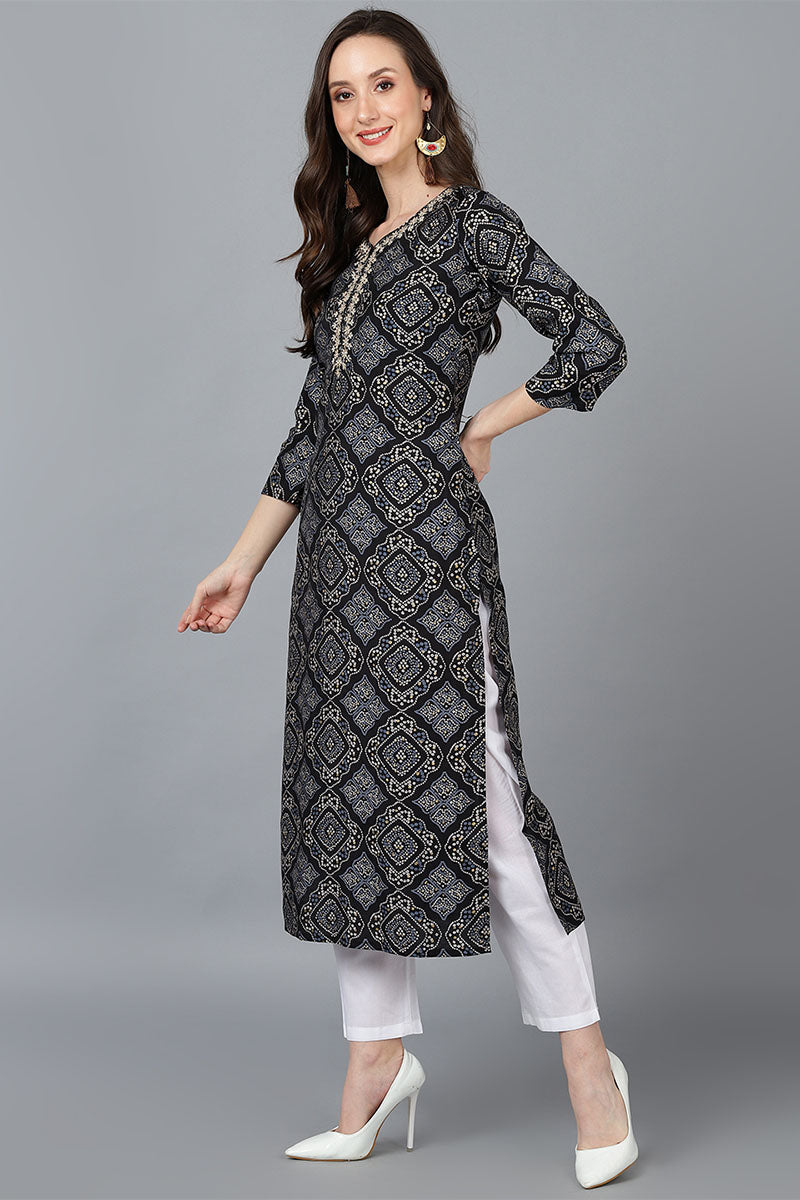  Women Black Cotton Yoke Design Kurta 