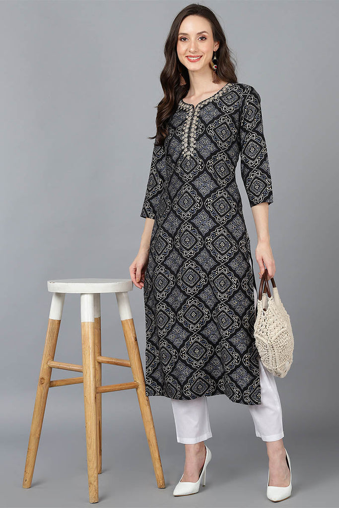  Women Black Cotton Yoke Design Kurta 