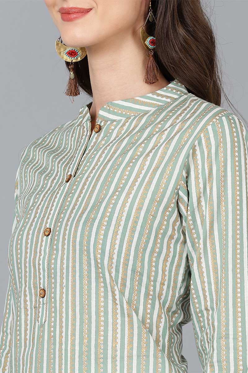  Women Green Cotton Striped Printed Kurta 