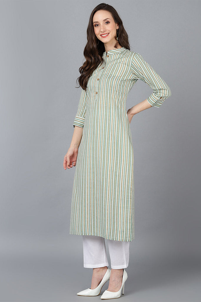  Women Green Cotton Striped Printed Kurta 