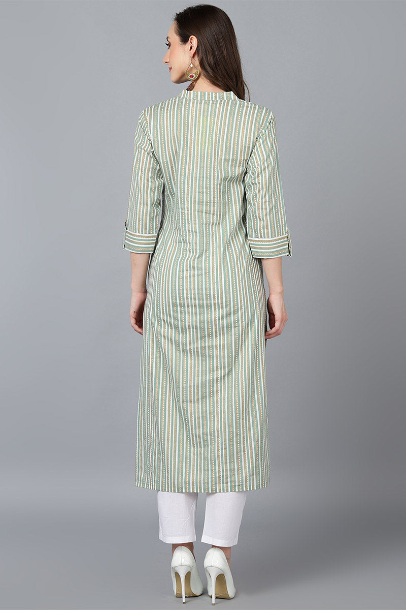  Women Green Cotton Striped Printed Kurta 