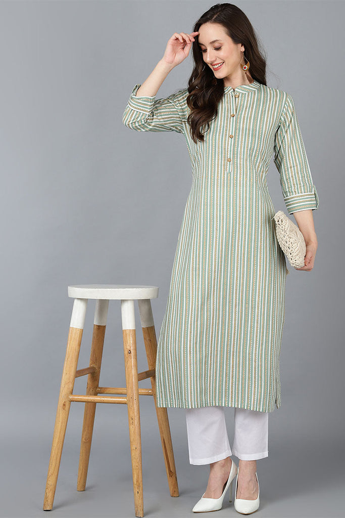  Women Green Cotton Striped Printed Kurta 