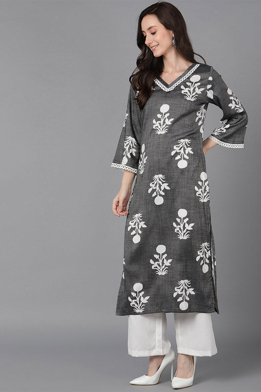  Women Grey Cotton Floral Printed Kurta 